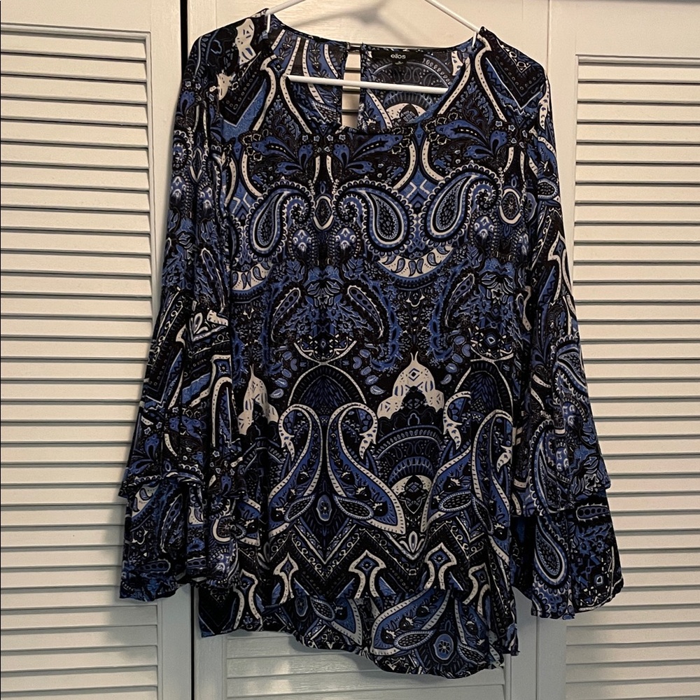 Ellos Blue and Black Paisley Blouse, Size 16